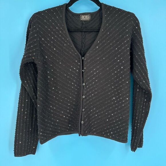 Vintage BCBG Maxazria Women's Knit Sequin Beaded Cardigan Sweater Black Small - Picture 8 of 8